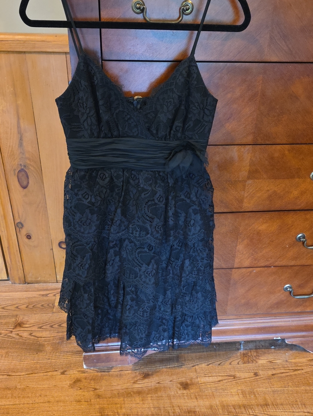 Max & Cleo Black Lace Spaghetti-Strap Midi Dress with Ruched Waist And Ruffles